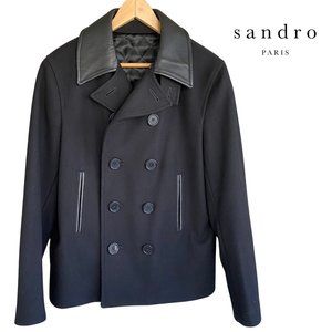 SANDRO Paris Black Leather Trim 100% Wool Pea Coat